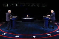 President Donald Trump and Democratic presidential candidate former Vice President Joe Biden participate in the final presidential debate at Belmont University, Thursday, Oct. 22, 2020, in Nashville, Tenn. (Jim Bourg/Pool via AP)