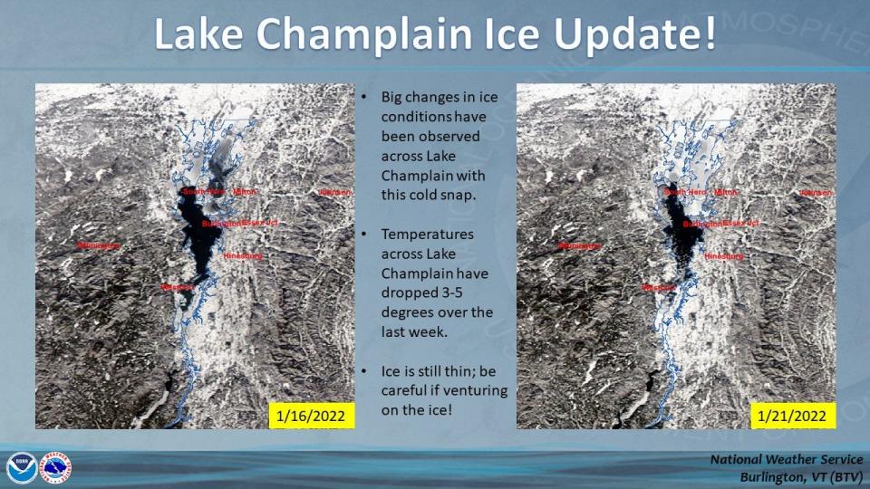 National Weather Service in Burlington published this alert on Jan. 22, 2022, showing ice formation on Lake Champlain on two days this month. Colder than normal temperatures and light winds on the lake have contributed to quick ice formation on the lake.