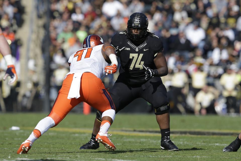 Purdue offensive lineman Martesse Patterson (74) started the first two games of the season at left tackle. (AP Photo/Michael Conroy)