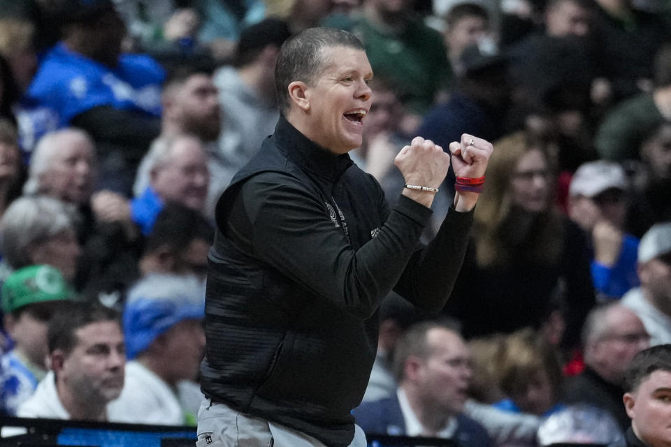 Fairleigh Dickinson head coach Tobin Anderson reacts after a basket against Purdue in the second half of a first-round college basketball game in the men's NCAA Tournament in Columbus, Ohio, Friday, March 17, 2023. (AP Photo/Michael Conroy)