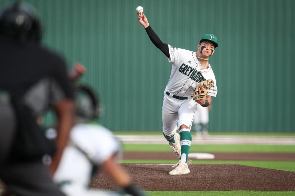 Taft’s Josh Suarez pitches against George West at Sinton High School on Wednesday, April 26, 2023, in Texas.