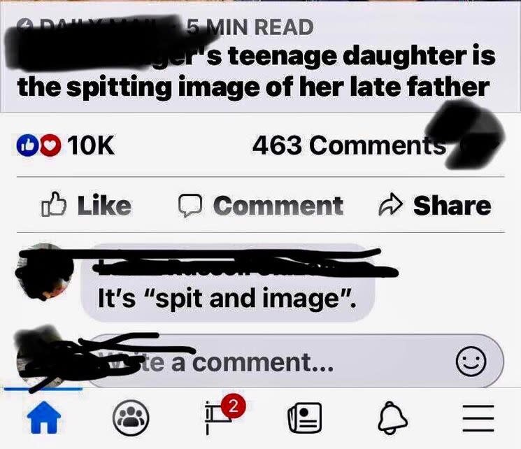 Person saying someone's "teenage daughter is the spitting image of her late father" and being "corrected": "It's 'spit and image'"