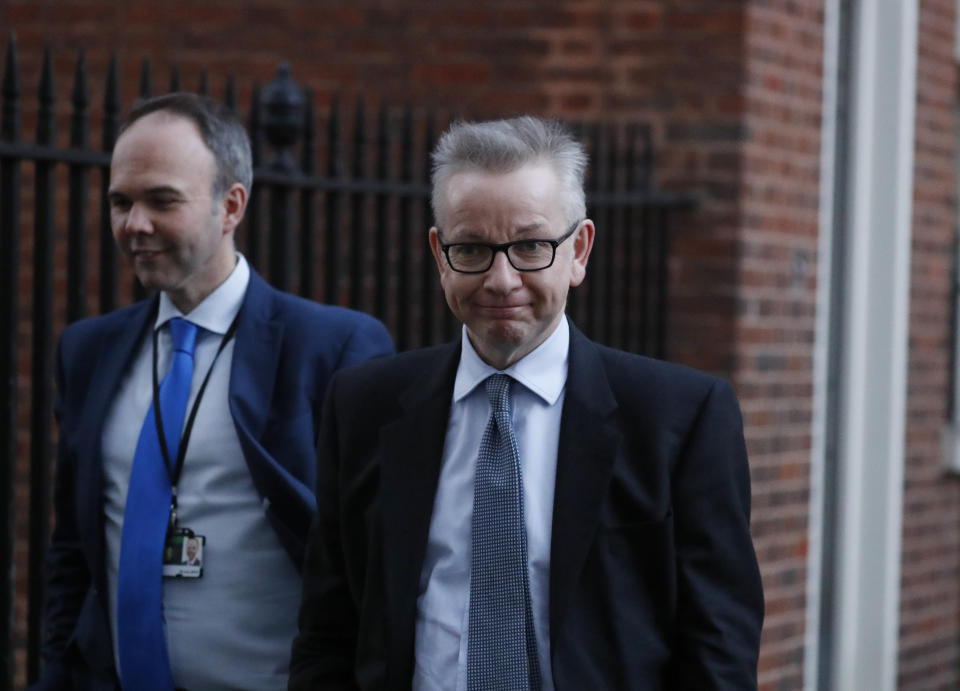 Britain's Environment Secretary Michael Gove in Downing Street, London, Thursday Jan. 17, 2019. Britain's Prime Minister Theresa May is reaching out to opposition parties and other lawmakers Thursday in a battle to put Brexit back on track, after surviving a no-confidence vote Wednesday. (AP Photo/Frank Augstein)