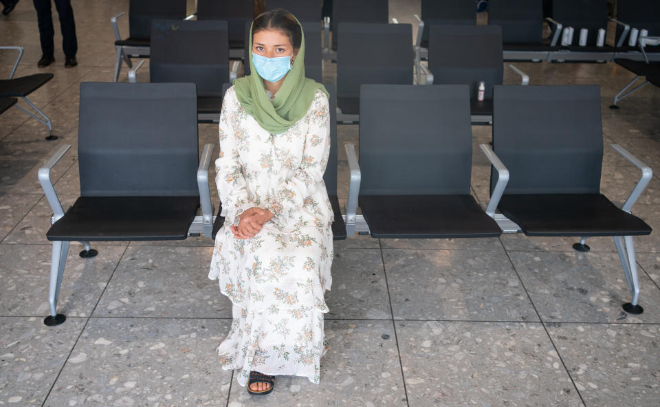 <p>Malalai Hussiny, a refugee from Afghanistan who arrived on a evacuation flight at Heathrow Airport, London. Picture date: Thursday August 26, 2021.</p>
