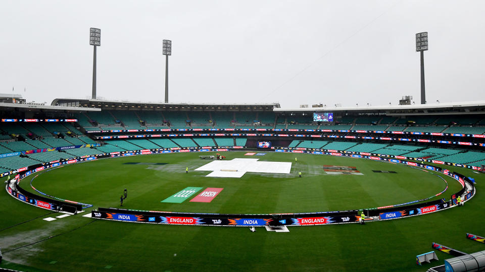 The SCG, pictured here after it was lashed with rain during the T20 World Cup semi-finals.