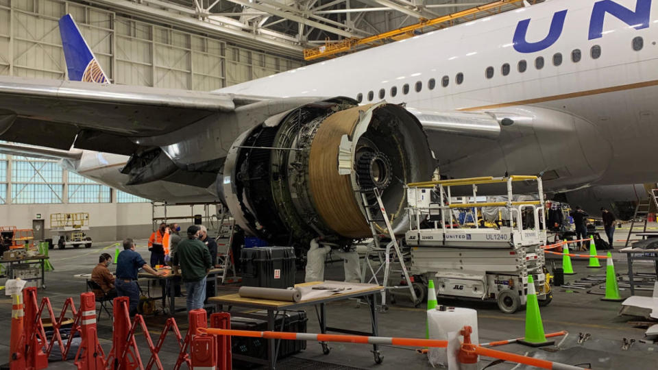 Image dated February 22, 2021, shows the damage to the right engine of United Airlines Flight 328, a Boeing 777-200, following an engine failure incident Saturday. / Credit: NTSB