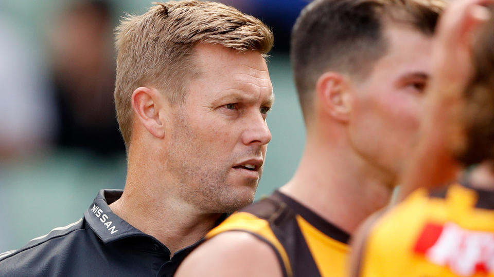Hawks coach Sam Mitch, a former teammate of Cyril Rioli, is hopeful the club can mend the relationship with their former star. (Photo by Dylan Burns/AFL Photos via Getty Images)