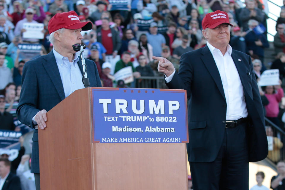 United States Senator Jeff Sessions, R-Alabama, becomes the first Senator to endorse Donald Trump for President of the United States at Madison City Stadium on February 28, 2016 in Madison, Alabama. (Photo by Taylor Hill/WireImage)