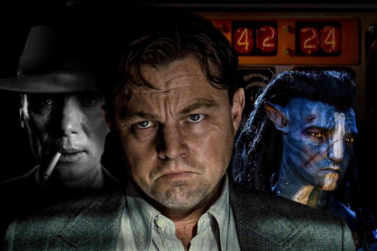 Recent movie characters, including Oppenheimer, a Na'vi from Avatar, and Ernest Burkhart from Killers of the Flower Moon, in front of a countdown clock, looking pained.