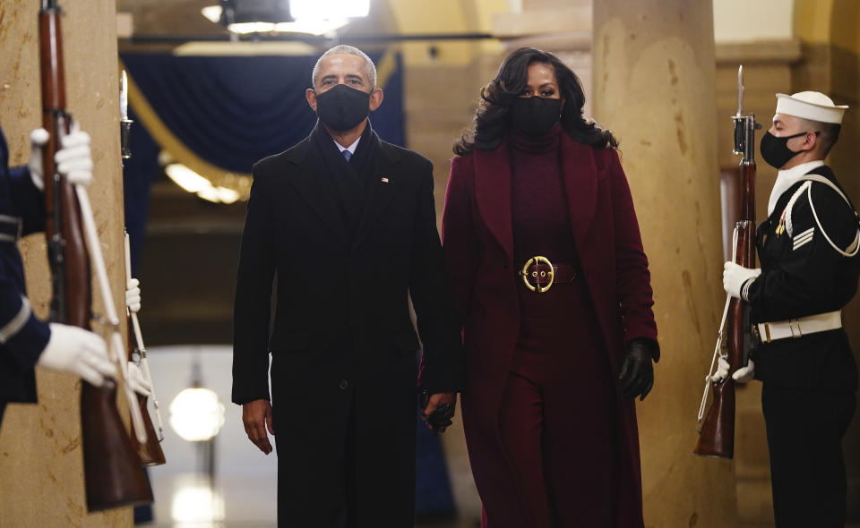 Former President Barack Obama and First Lady Michelle Obama arrive for Joe Biden's inauguration ceremony on Jan. 20, 2021.