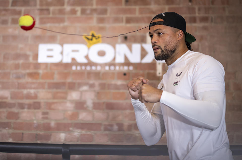 Joe Joyce works out for the media ahead of his fight with Zhilei Zhang on April 12 at Bronx Boxing Gym in London. (Photo by Justin Setterfield/Getty Images)