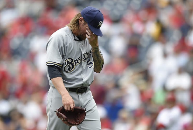 It was not a great day for Brewers starter Michael Blazek. (AP Photo)