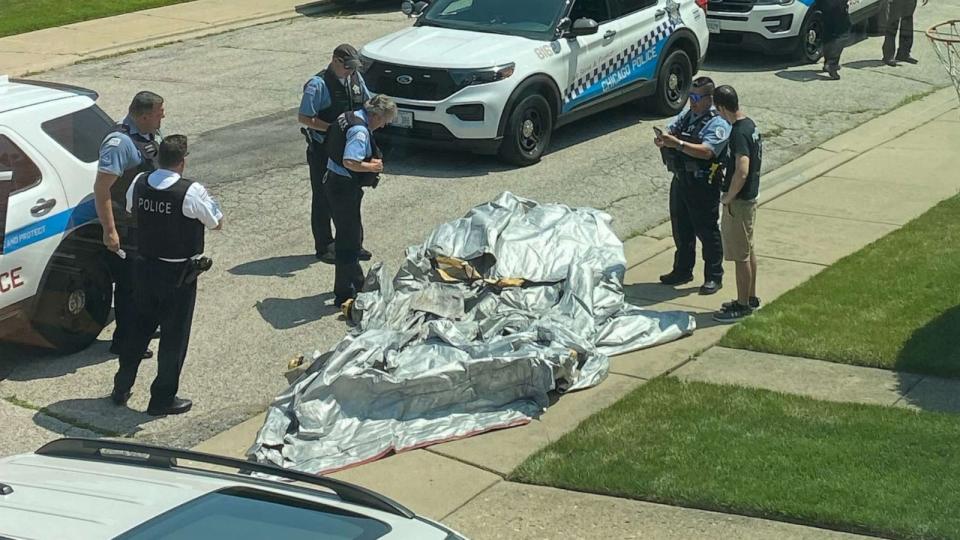 PHOTO: An emergency slide fell from a plane and landed outside of a home near O'Hare Airport in Chicago, July 17, 2023. (Laura Devitt)