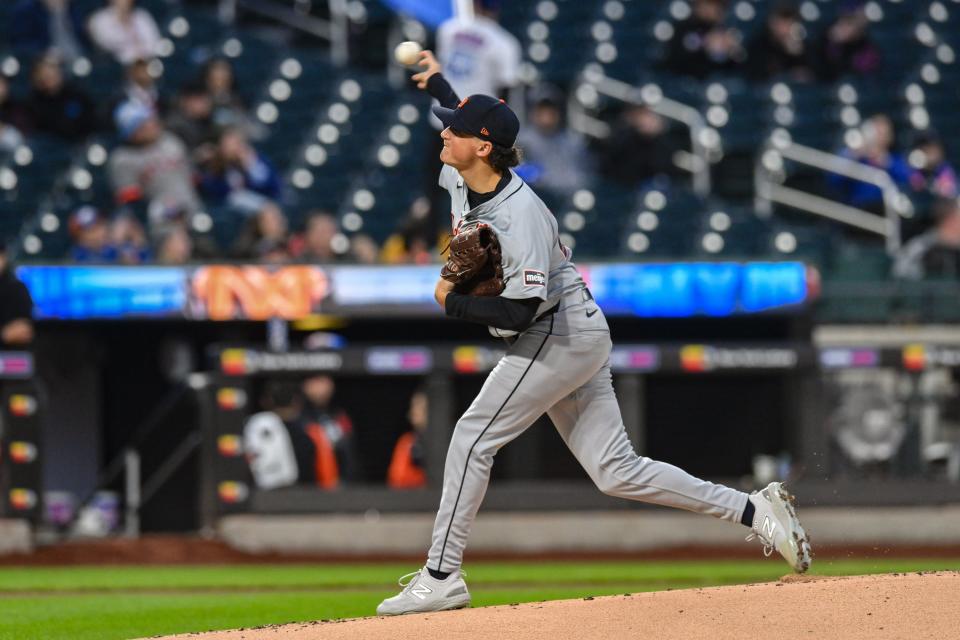 Detroit Tigers starting pitcher Reese Olson throws a pitch against the New York Mets during the first inning at Citi Field in New York City, New York on April 1, 2024.