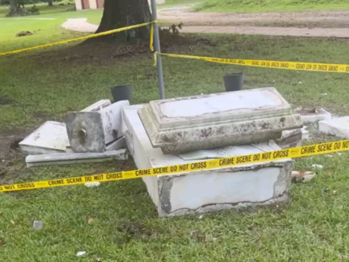 The remains of a Confederate monument in Randolph Park in Enfield, North Carolina. The monument was slated for removal by the town’s leadership but its mayor took matters into his own hands and had a bulldozer knock it down.  (Screengrab/Facebook/Mondale Robinson)