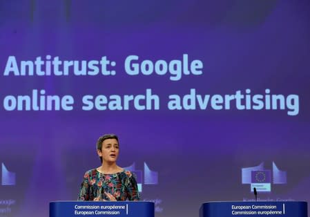 FILE PHOTO: European Competition Commissioner Margrethe Vestager talks to the media at the European Commission headquarters in Brussels