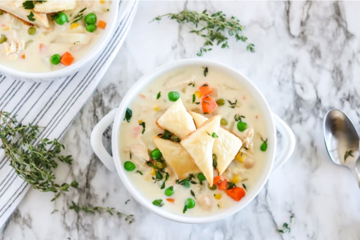 <p>Family Fresh Meals</p><p>Making chicken pot pie can be daunting, but making an easy soup version is not!</p><p><strong>Get the Recipe: <a href="https://www.familyfreshmeals.com/2020/10/crockpot-chicken-pot-pie-soup.html" rel="nofollow noopener" target="_blank" data-ylk="slk:Crock Pot Chicken Pot Pie Soup;elm:context_link;itc:0;sec:content-canvas" class="link rapid-noclick-resp">Crock Pot Chicken Pot Pie Soup</a></strong></p>