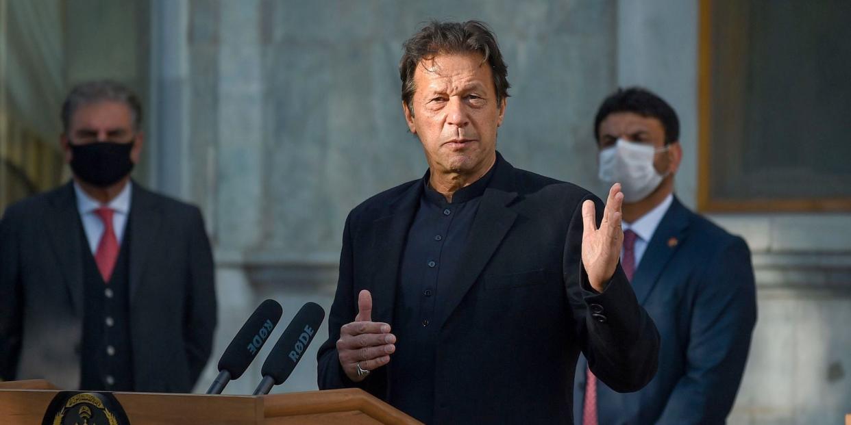 Pakistan's Prime Minister Imran Khan speaks during a joint press conference with Afghan president at the Presidential Palace in Kabul on November 19, 2020.