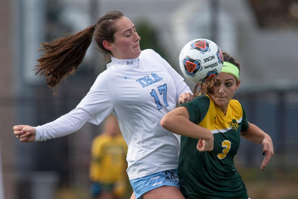 Red Bank Catholic Sophia Rcioppi battles with Immaculate Heart Brigid Kearns for ball in first half action. Immaculate Heart Academy Girls Soccer defeats Red Bank Catholic 2-0 in Non-Public A State Final at Kean University in Union NJ on November 14, 2021. 