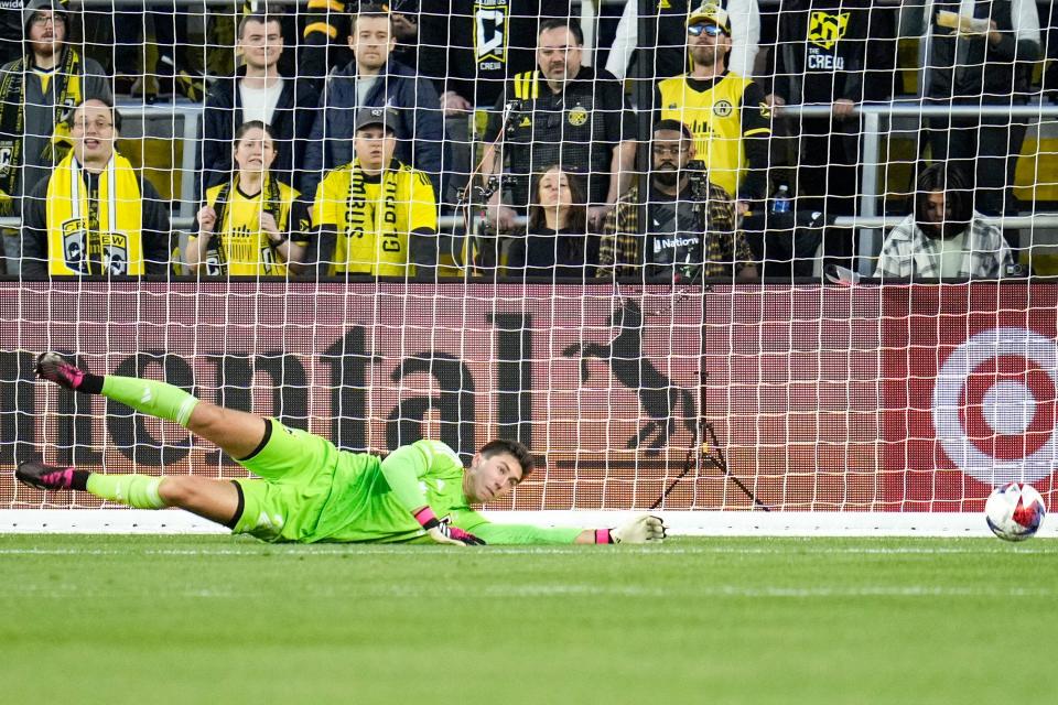 Apr 29, 2023; Columbus, Ohio, United States;  Columbus Crew goalkeeper Patrick Schulte (28) blocks a shot attempt during the first half of the MLS soccer game between Columbus Crew and Inter Miami at Lower.com Field on Saturday night. Mandatory Credit: Joseph Scheller-The Columbus Dispatch