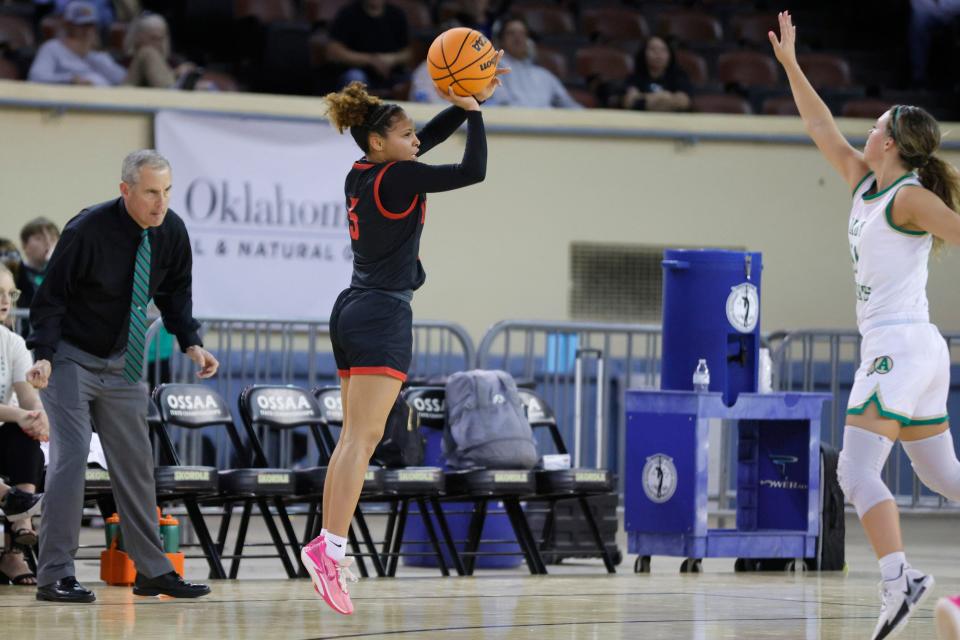 Idabel's Mercades Lopez makes a 3-pointer during a Class 3A girls state basketball game between Idabel and Adair at State Fair Arena in Oklahoma City, Tuesday, March 5, 2024.