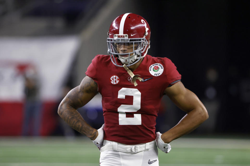 Alabama defensive back Patrick Surtain II (2) looks on against Notre Dame during the Rose Bowl NCAA college football game in Arlington, Texas, Friday, Jan. 1, 2021. Two of the best cornerbacks in the nation, Shaun Wade of Ohio State and Patrick Surtain of Alabama, will have their hands full on Monday night in South Florida. They are possibly the No. 1 and No. 2 NFL prospects at the position — which one is best is a matter of debate that the national championship game could help settle. (AP Photo/Ron Jenkins)