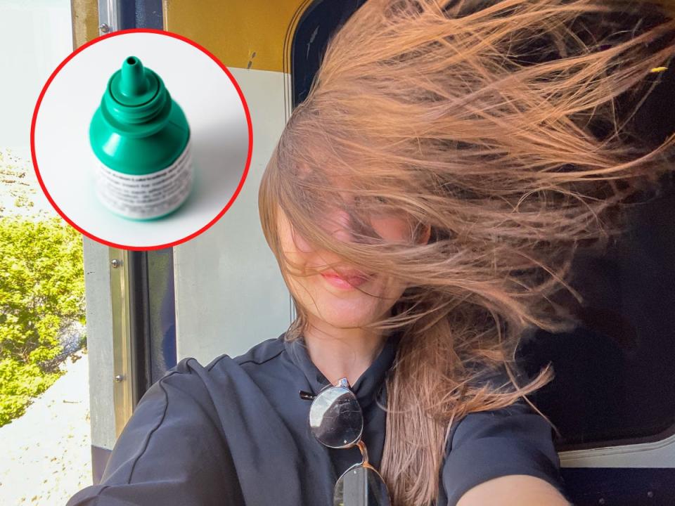 Side by side images of an eye drop bottle and the author with messy hair.