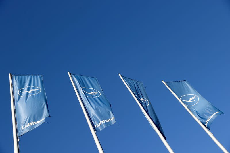 Lufthansa's flags flutter in front of a temporary closed First Class Terminal at Frankfurt Airport