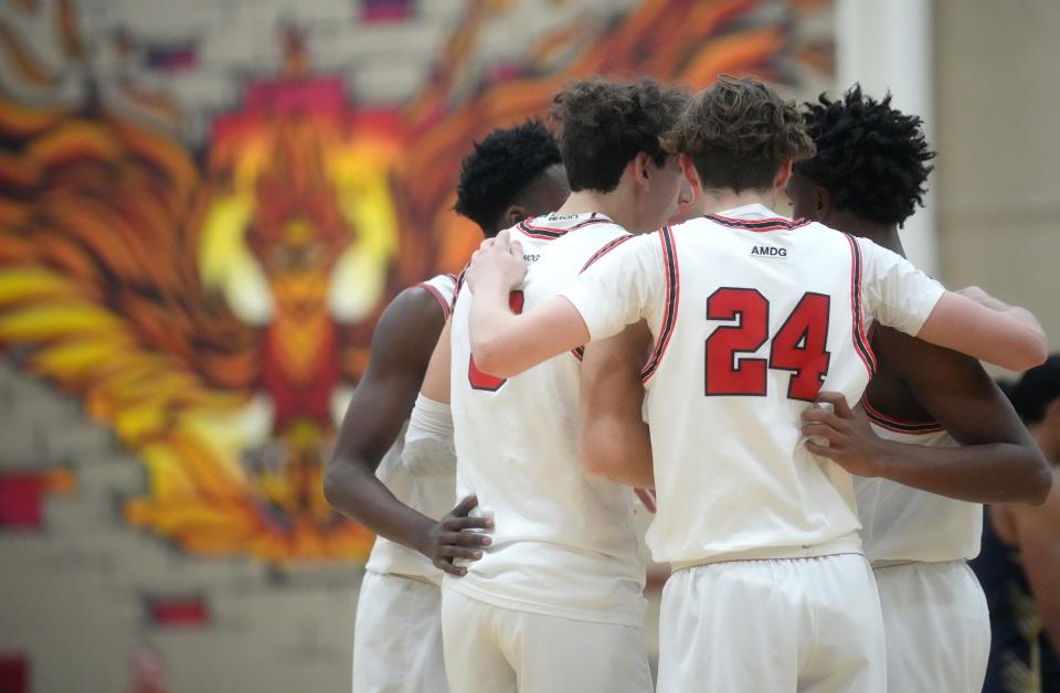 Dec 8, 2022; Scottsdale, Arizona, USA; Brophy Prep teammates huddle up during their game against Notre Dame at Chaparral High School.