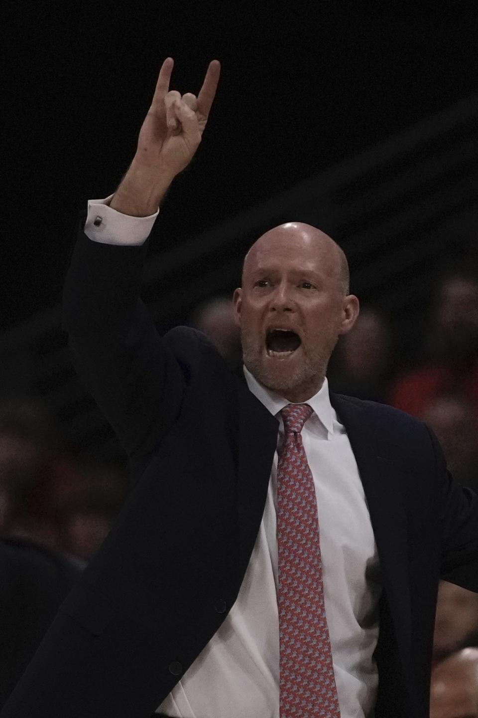 Maryland head coach Kevin Willard reacts during the first half of an NCAA college basketball game Tuesday, Feb. 20, 2024, in Madison, Wis. (AP Photo/Morry Gash)