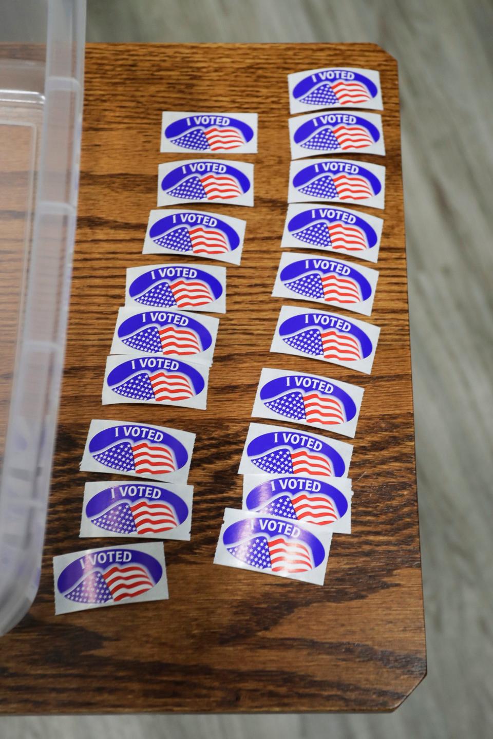 I voted stickers are lined up at Bethany Reformed Church poll, Tuesday, April 5, 2022, in Sheboygan, Wis.