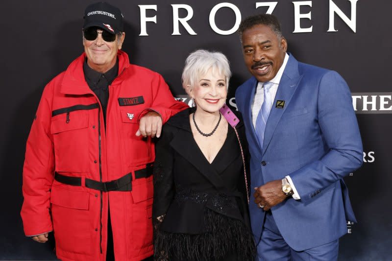 Left to right, Danny Aykroyd, Annie Potts and Ernie Hudson arrive on the red carpet at the premiere of "Ghostbusters: Frozen Empire" at AMC Lincoln Square Theater on March 14 in New York City. Photo by John Angelillo/UPI