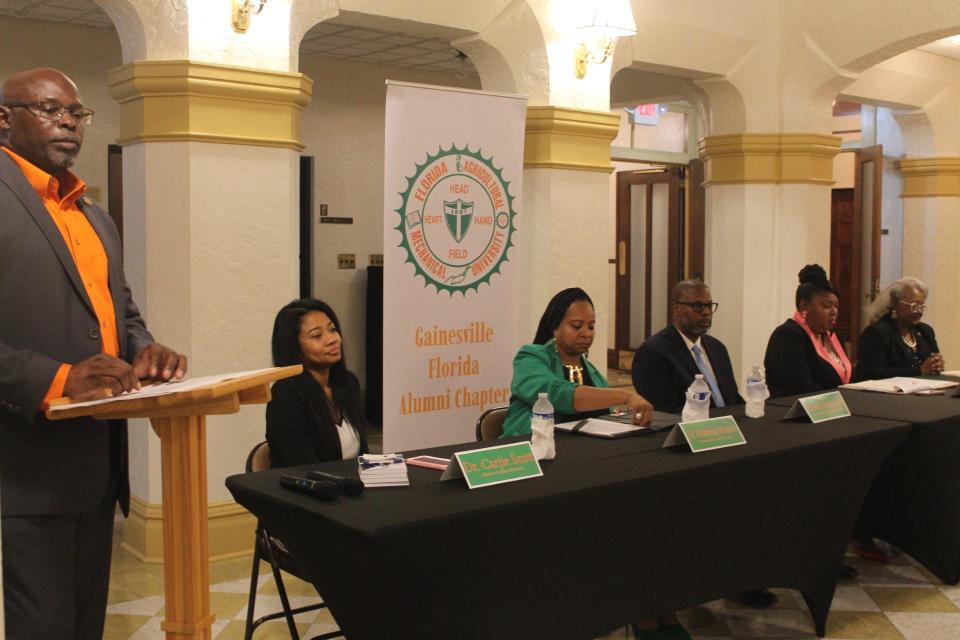 The Alachua County chapter of the Florida A&M University National Alumni Association hosted an educational town hall meeting in the historic Thomas Center in Gainesville. From left are Boderick Johnson, chapter president, Carjie Scott, Ed.D., co-founder of the Education Equalizer Foundation, Monekka Munroe, Ed.D, a FAMU professor, Curtis Peterson, principal of Caring and Sharing Charter School, Diyonne McGraw, an Alachua County School Board member and State Rep. Yvonne Hinson, D-Gainesville.
(Credit: Photo by Voleer Thomas/For The Guardian)