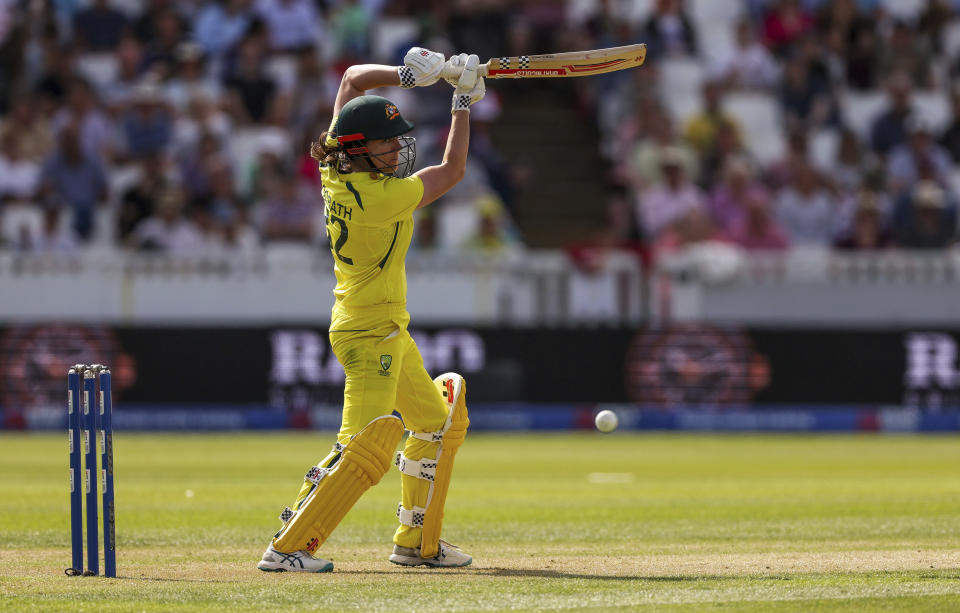 Australia's Tahlia McGrath batting during the third one day international of the Women's Ashes Series at the at Cooper Associates County Ground, Taunton, England, Tuesday July 18, 2023. (Steven Paston/PA via AP)