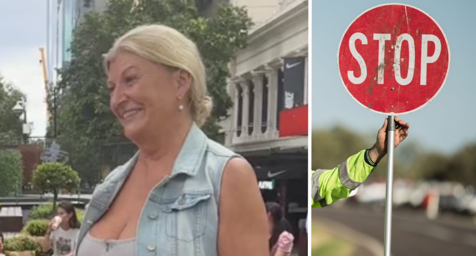 Traffic controller Suzie next to a Stop road sign