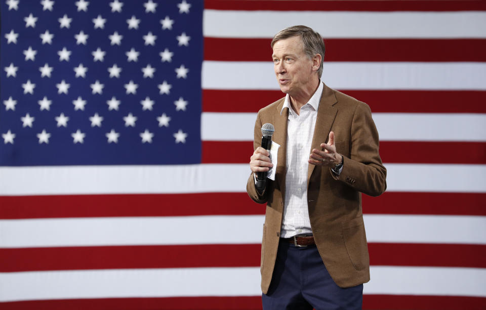 Democratic president candidate and former Colorado Gov. John Hickenlooper speaks at a Service Employees International Union forum on labor issues, Saturday, April 27, 2019, in Las Vegas. (AP Photo/John Locher)