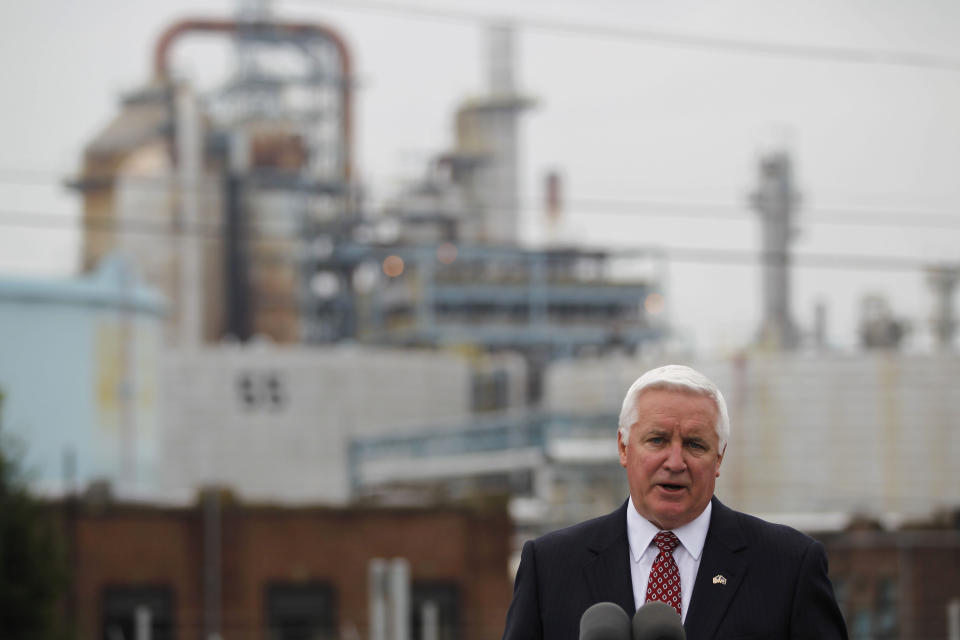 Pennsylvania Gov. Tom Corbett speaks during a news conference in front of a ConocoPhillips refinery, Tuesday, May 1, 2012, in Trainer, Pa. Delta Air Lines Inc. Monday, said it will buy the refinery as part of an unprecedented deal that it hopes will cut its jet fuel bill. (AP Photo/Matt Rourke)