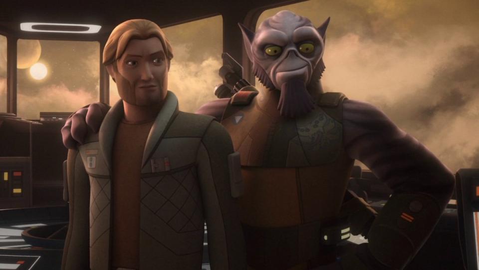 The large pruple alien LAsat stands with his arm around Kallus and his giant mutton chops on a spaceship on Star Wars Rebels