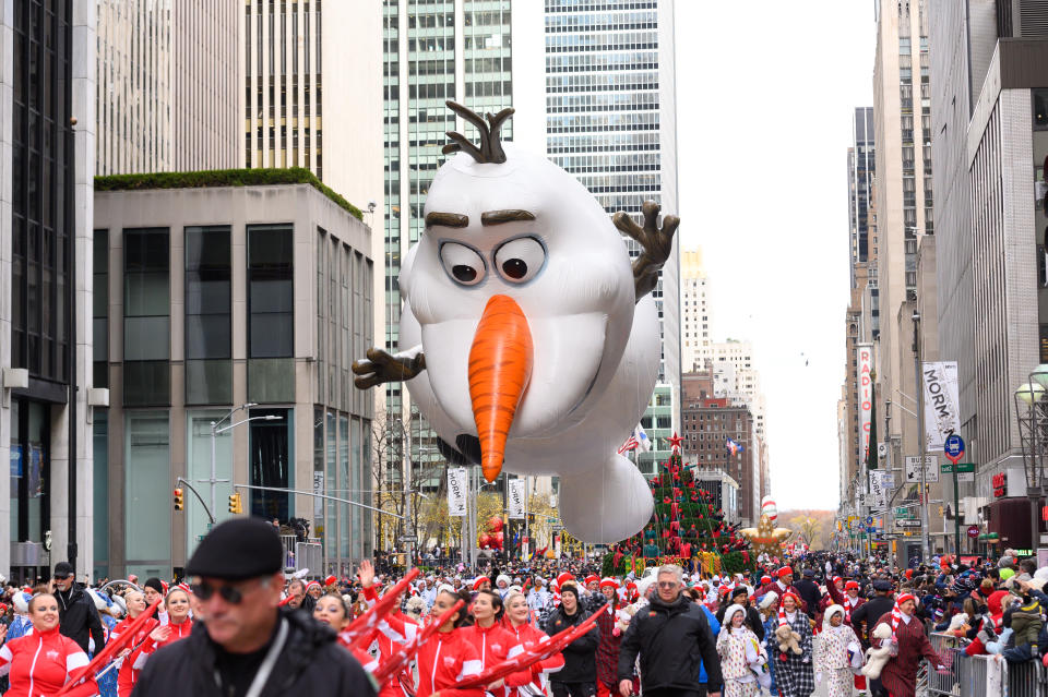 NEW YORK, NEW YORK - NOVEMBER 28: Olaf of Frozen 2 balloon is seen during the 93rd Annual Macy's Thanksgiving Day Parade on November 28, 2019 in New York City. (Photo by Noam Galai/Getty Images)