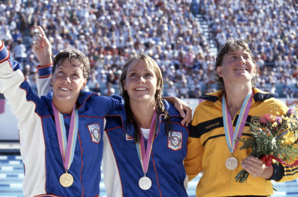 Los Angeles, CA - 1984: (L-R) Tracy Caulkins, Nancy Hogshead, Michelle Pearson, Women's swimming 200 metre individual medley competition, McDonald's Olympic Swim Stadium, at the 1984 Summer Olympics, August 3, 1984. (Photo by Walt Disney Television via Getty Images)