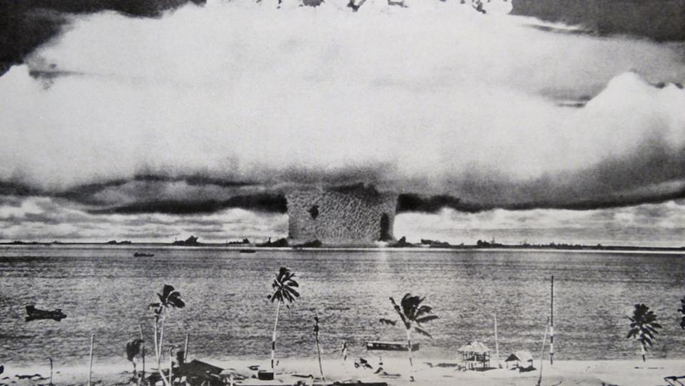 Photographic print of an atomic bomb at Bikini Atoll in Micronesia, the first underwater test. Dated 1946.