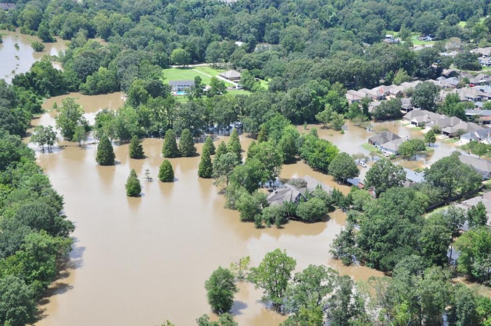 Flooded areas of Baton Rouge, Louisiana, are seen from the air on August 15, 2016