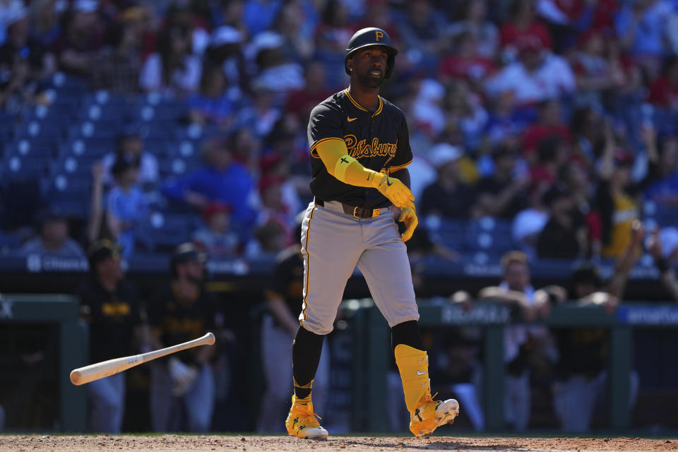 PHILADELPHIA, PENNSYLVANIA - APRIL 14: Andrew McCutchen #22 of the Pittsburgh Pirates reacts after hitting his 300th career home run in the top of the ninth inning against the Philadelphia Phillies at Citizens Bank Park on April 14, 2024 in Philadelphia, Pennsylvania. (Photo by Mitchell Leff/Getty Images)