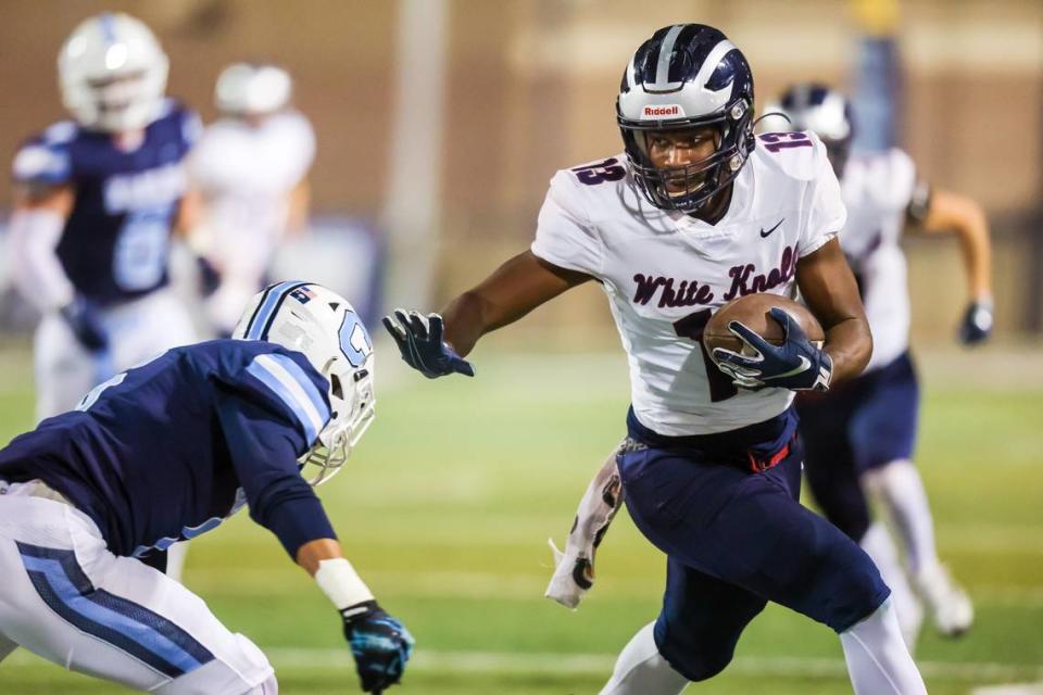 White Knoll Timberwolves wide receiver Hasan Lee (13) runs after the catch during their game at Chapin High School Friday, October 21, 2022.