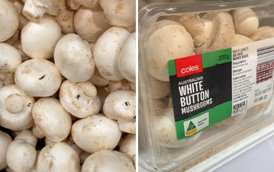 (Left) Loose mushrooms at Coles (Right) a pre-packed punnet of button mushrooms at Coles.