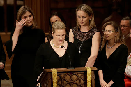 Jenna Bush (L), wipes away tears as granddaughters gather to speak during funeral services for former first lady Barbara Bush at St. Martin's Episcopal Church in Houston, Texas, U.S., April 21, 2018. David J. Phillip/Pool via Reuters