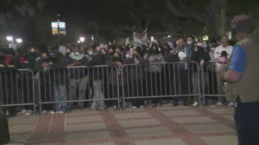Pro-Palestinian protestors refused to leave the UCLA campus after officers arrived and a dispersal order was given on May 1, 2024. (KTLA)