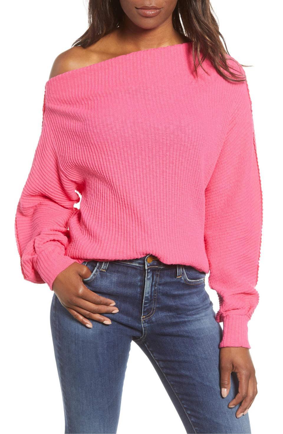 <strong>Buy It!</strong> Gibson Marilyn Off the Shoulder Sweater, $41.90 (orig. $64); <a href="https://click.linksynergy.com/deeplink?id=93xLBvPhAeE&mid=1237&murl=https%3A%2F%2Fshop.nordstrom.com%2Fs%2Fgibson-marilyn-off-the-shoulder-sweater-regular-petite%2F5300606&u1=PEO%2CShopping%3AHowtoShopNordstrom%27sHugeAnniversarySaleEarlyandExactlyWhattoBuy%2Ckamscram%2CUnc%2CGal%2C6402513%2C201907%2CI" rel="nofollow noopener" target="_blank" data-ylk="slk:nordstrom.com;elm:context_link;itc:0;sec:content-canvas" class="link ">nordstrom.com</a>