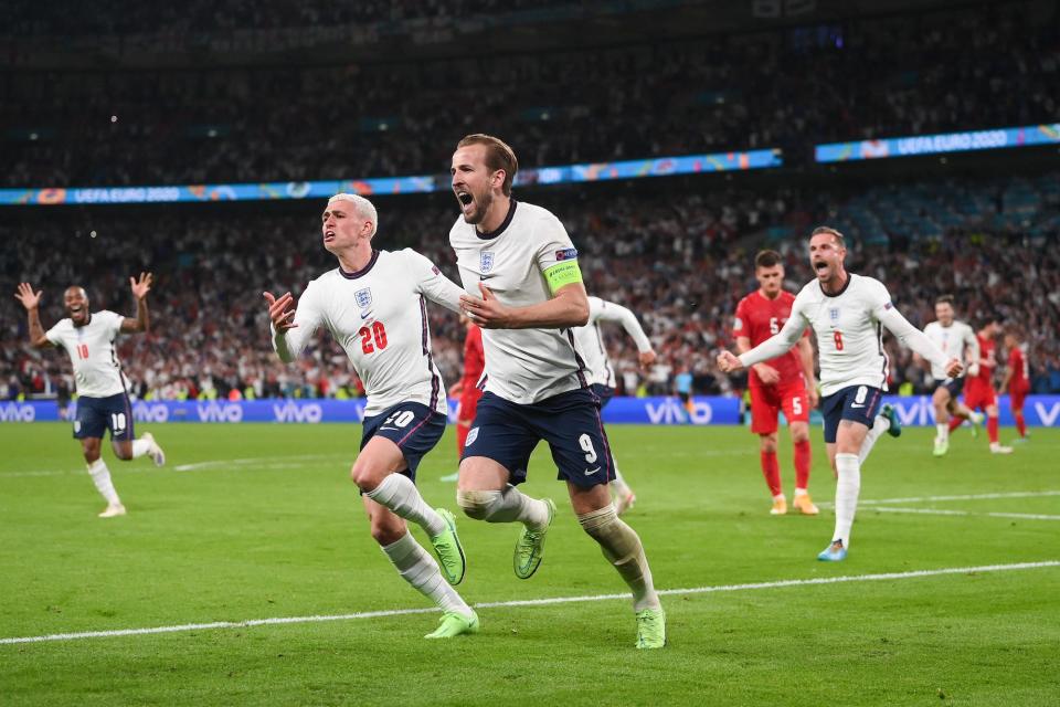 Harry Kane of England celebrates after scoring their side's second goal during the UEFA Euro 2020 Championship Semi-final match between England and Denmark at Wembley Stadium.