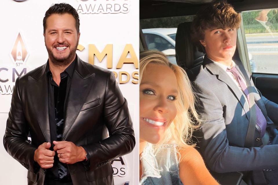 <p>Taylor Hill/WireImage;Caroline Bryan/Instagram</p> Luke Bryan (L), Wife Caroline with son Bo driving (R)